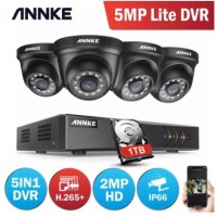 27424 ANNKE 4CH H.265+ 5MP Lite CCTV System DVR 4pcs Dome Cameras 2.0MP IR Night Vision Security Black