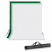 44336 2 x 3m Stand + 3 x 3.6m Cotton Muslin Black, Green, White Background