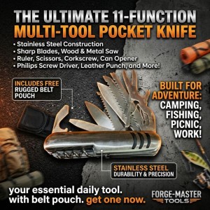 Stainless Steel 11 Function Pocket Knife with Belt Pouch - 33116 Stainless Steel 11 Function Pocket Knife with Belt Pouch - 33116