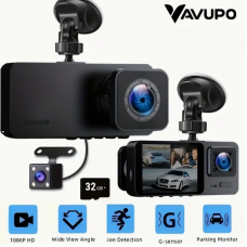 25322 Vavupo 3-Camera Dash Cam for Cars - 1080P Front & Rear Recording, 5.08cm IPS Screen, G-Sensor, Night Vision